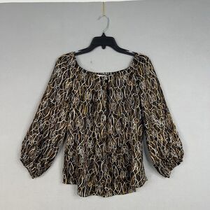 Diane von Furstenberg Blouse Womens 8 Black Gold White Silk Tie Waist Peasant